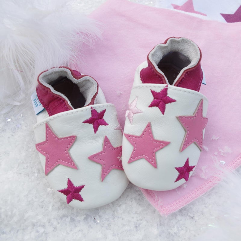 Dotty Fish Soft Leather Infant Shoes Girls pre-Walkers. White with Pink Stars. 18-24 Months - Image 3